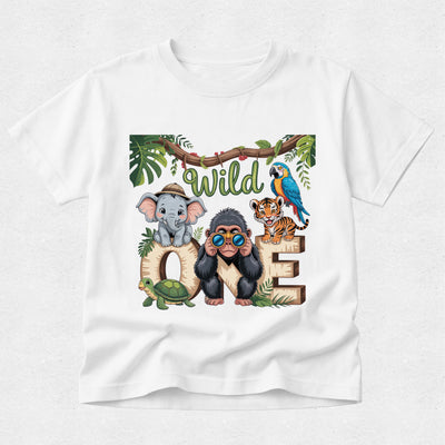 White t-shirt with cartoon animals and 'Wild One' text on a white background