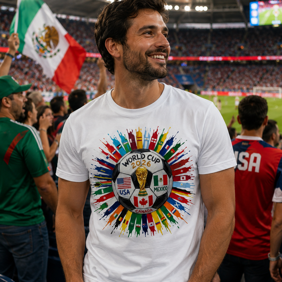 Man wearing a white t-shirt with a World Cup 2026 graphic at a sports event.