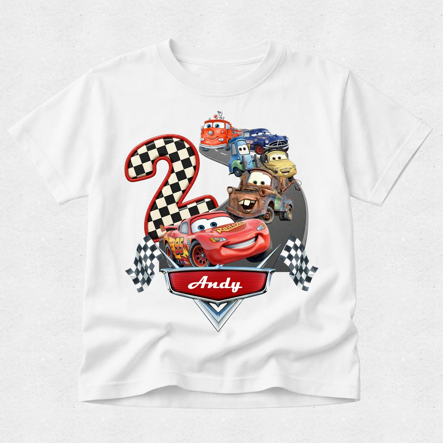 White t-shirt with cartoon car design and number 2 on a white background