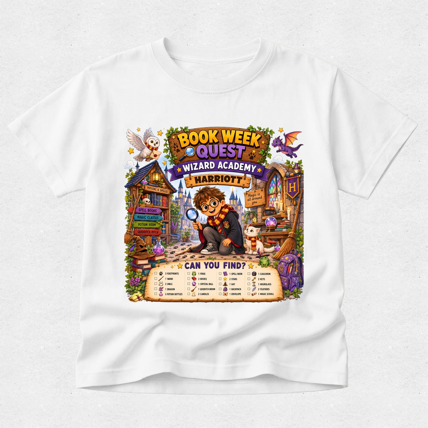 A white short-sleeve crewneck t-shirt featuring a colorful graphic print of a wizard cat named Marriot on a library shelf during 'Book Week Quest' at 'Wizard Academy'. The graphic includes a checklist labeled 'CAN YOU FIND?' and is displayed on a light gray textured background.
