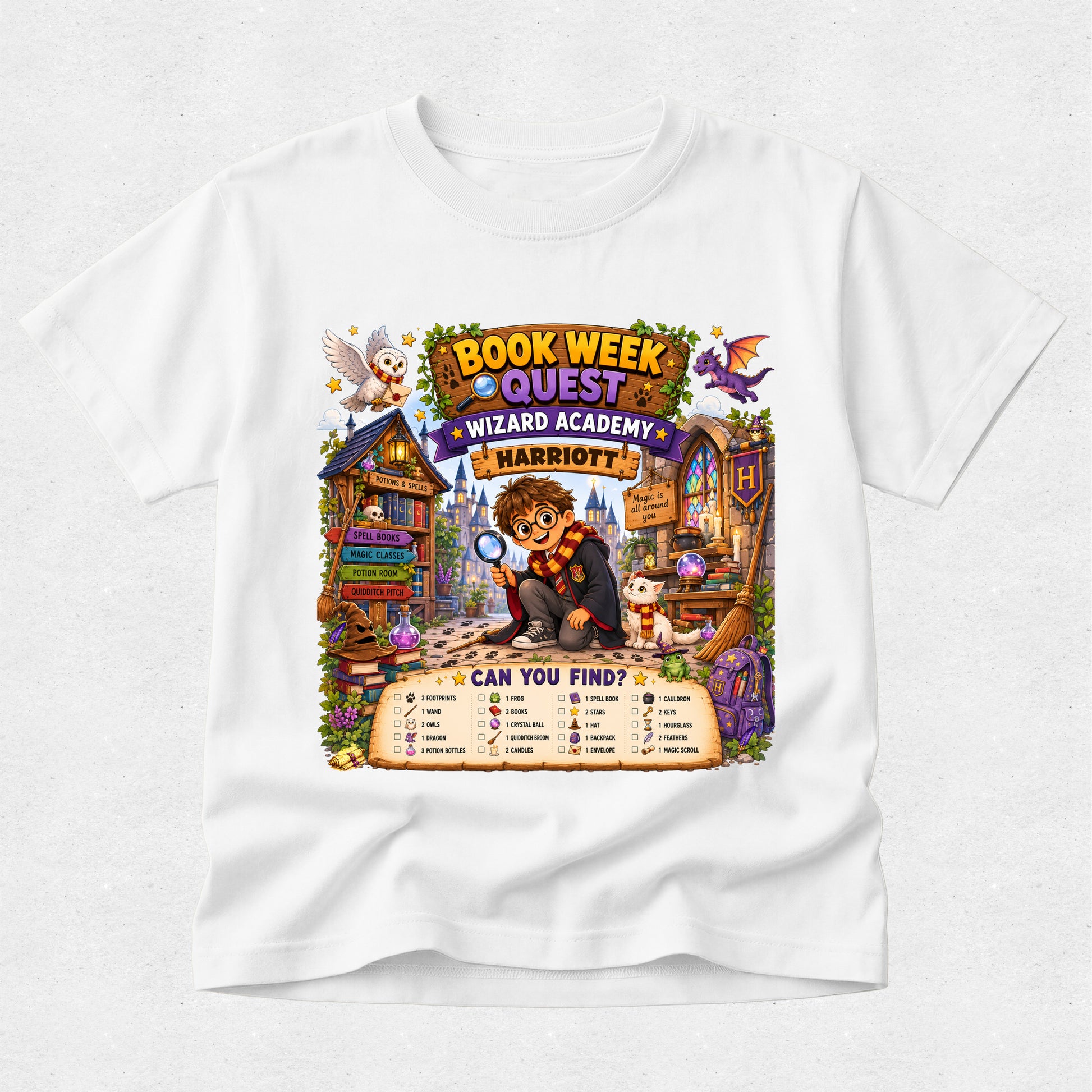 A white short-sleeve crewneck t-shirt featuring a colorful graphic print of a wizard cat named Marriot on a library shelf during 'Book Week Quest' at 'Wizard Academy'. The graphic includes a checklist labeled 'CAN YOU FIND?' and is displayed on a light gray textured background.