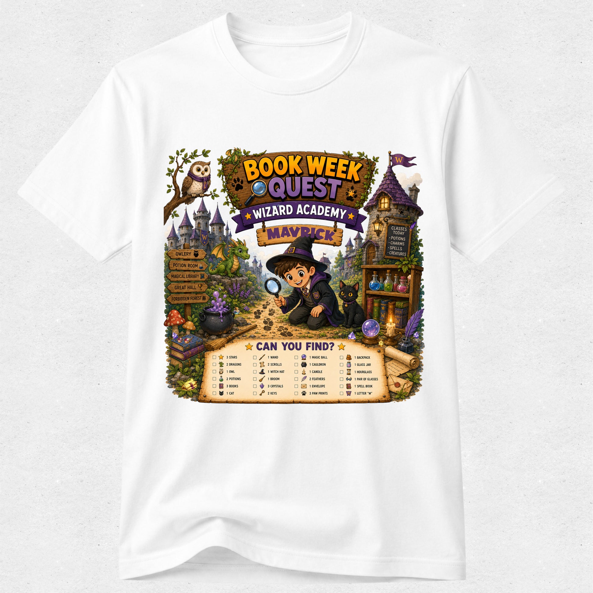 A white short-sleeve crewneck t-shirt featuring a colorful graphic print of a wizard character in a hat with a magnifying glass, surrounded by a magical library scene with the text 'BOOK WEEK QUEST WIZARD ACADEMY NAVY'.