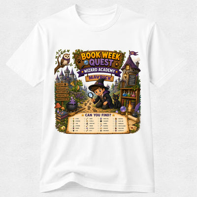 A white short-sleeve crewneck t-shirt featuring a colorful graphic print of a wizard character in a hat with a magnifying glass, surrounded by a magical library scene with the text 'BOOK WEEK QUEST WIZARD ACADEMY NAVY'.