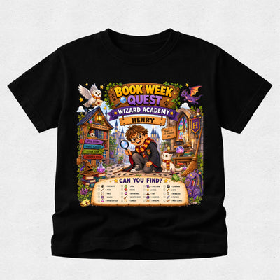 A black short-sleeve crewneck t-shirt featuring a colorful graphic print for 'Book Week' at 'Wizard Academy' about 'Henry'. The graphic shows a cartoon lion in a wizard outfit, a cat, a owl, a dragon, and a 'Can You Find?' word search grid at the bottom, displayed on a light gray textured background.