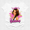 White t-shirt with a graphic of a woman and 'Ludia's 21st Birthday' text on a white background