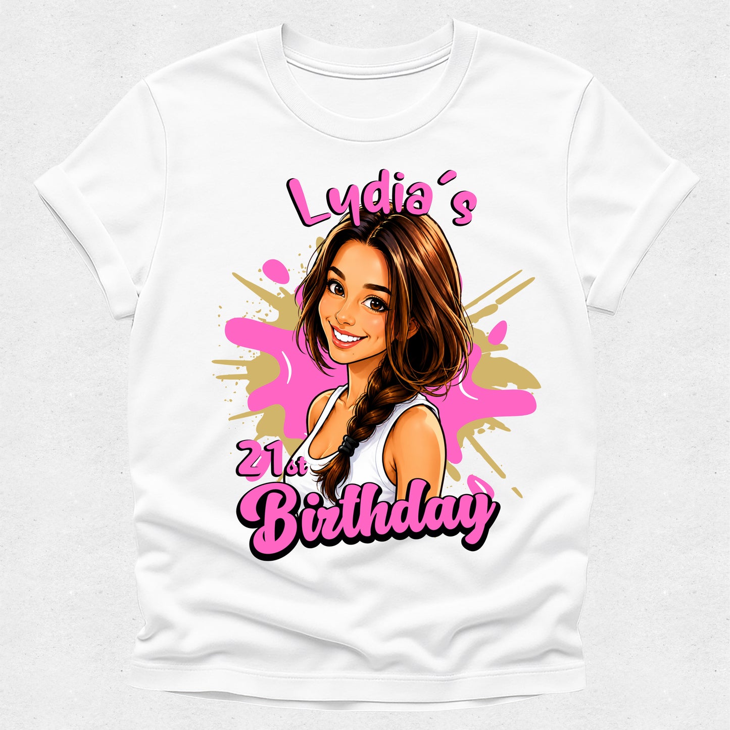 White t-shirt with a graphic of a woman and 'Ludia's 21st Birthday' text on a white background