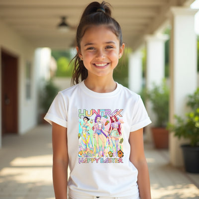 Young girl wearing a white t-shirt with colorful graphics and text, standing outdoors.