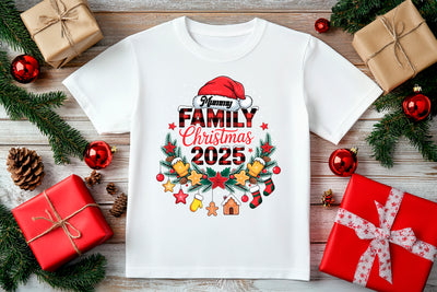 Matching family holiday t-shirts with Santa hat design, cozy and cheerful style