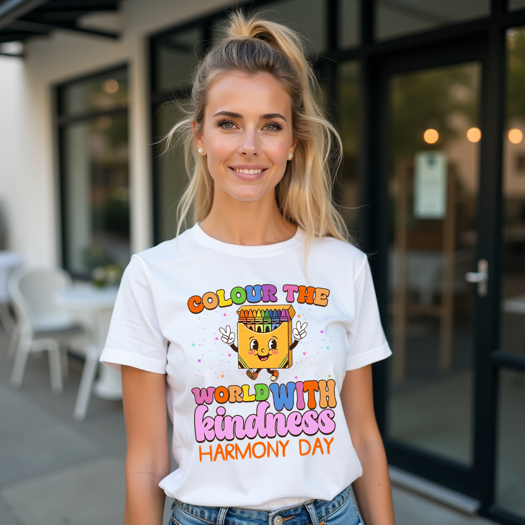 Woman wearing a t-shirt with a colorful design and text, standing outdoors.