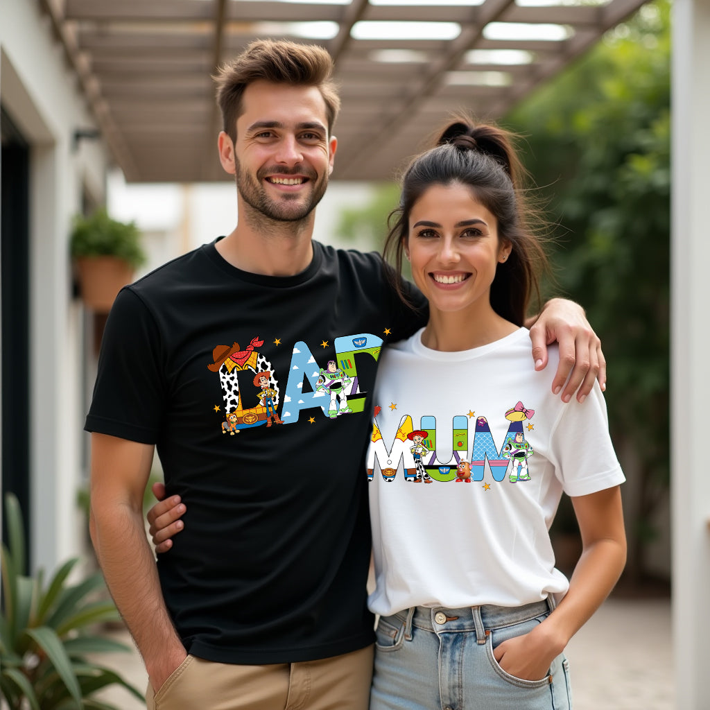 Man and woman wearing matching t-shirts with colorful text and graphics. Mum and Dad