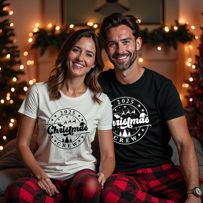 Family wearing matching Festive Family Crew Christmas Tshirts