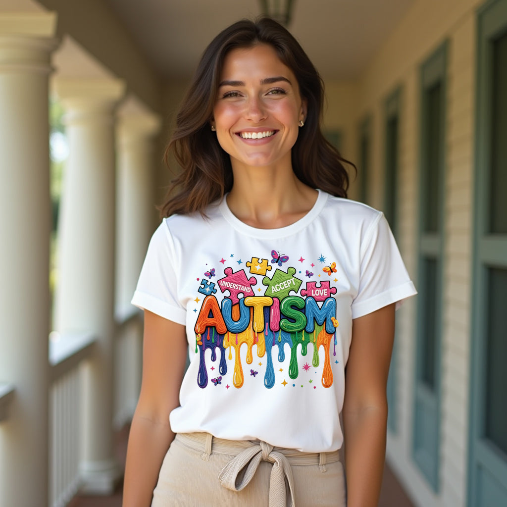 Woman wearing a white t-shirt with colorful 'Autism' text on a porch.