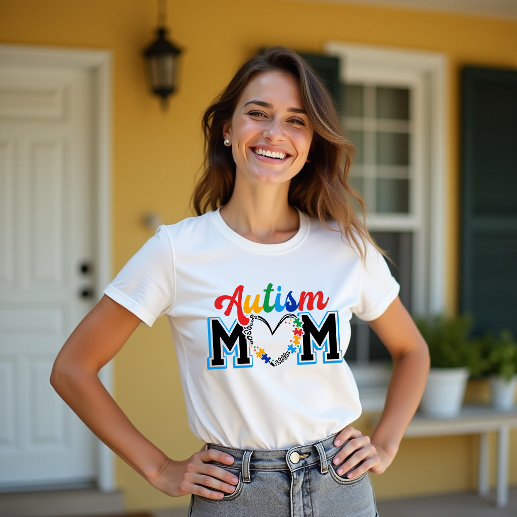 Woman wearing a 'Autism Mum' t-shirt on a porch