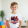 Child wearing a Spider-Man themed birthday shirt with the number 6 and name Peter.