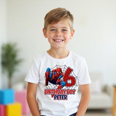 Child wearing a Spider-Man themed birthday shirt with the number 6 and name Peter.