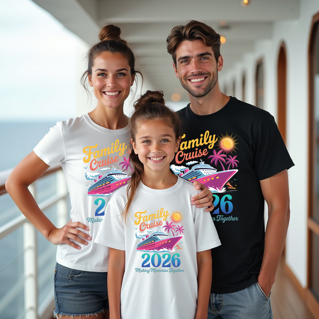 Family of three wearing matching 'Family Cruise 2026' t-shirts on a cruise ship deck.