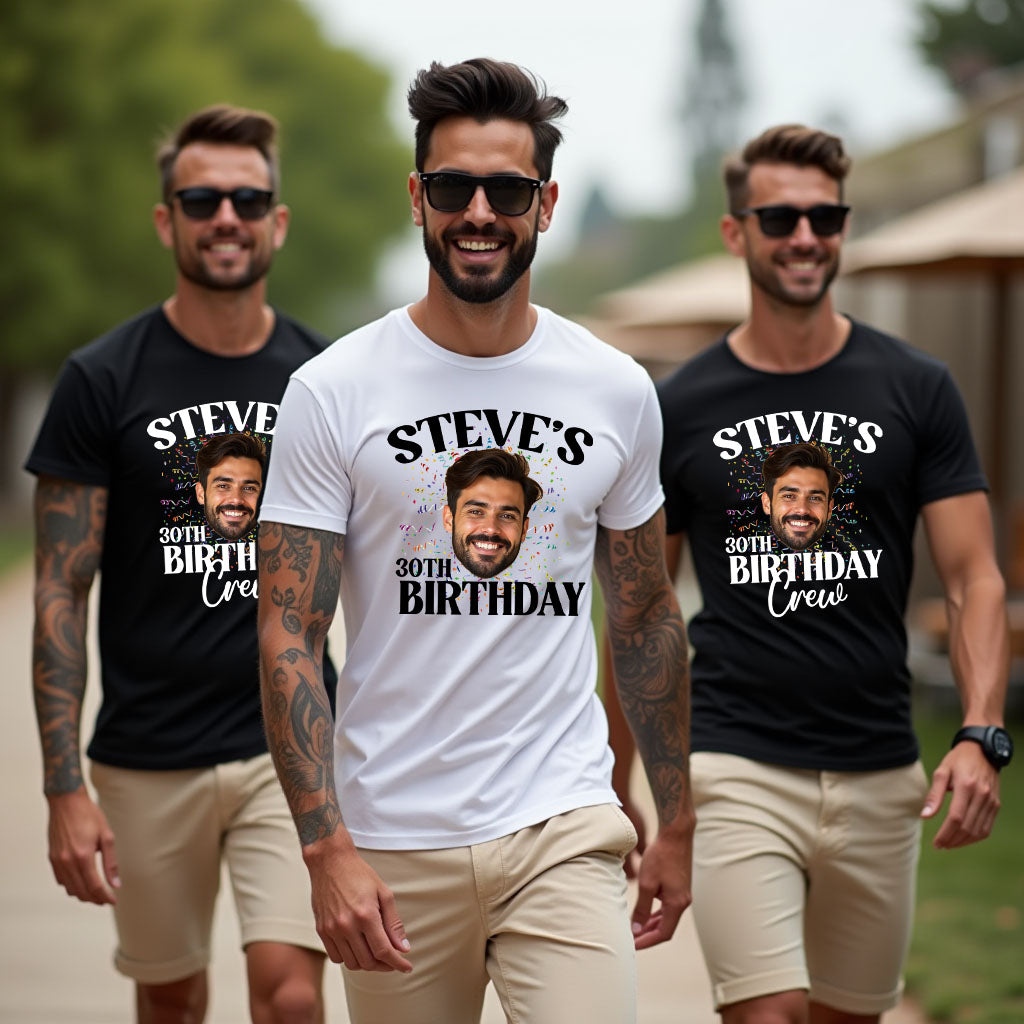 Three men wearing t-shirts with 'Steve's 30th Birthday Crew' text and a photo of a man on a blurred outdoor background.