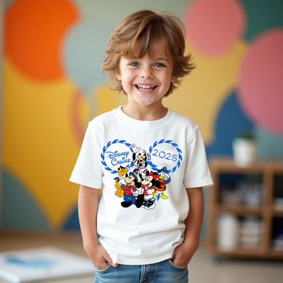 Child wearing a white t-shirt with Disney Cruise 2025 design in front of a colorful abstract wall.