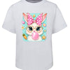 White t-shirt with a cartoon bunny wearing glasses and a polka dot bow, blowing a pink bubble, on a white background.