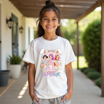 Child wearing a white t-shirt with colorful kpop easter graphics and text, standing on a porch.