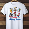 White t-shirt with Disney Cruise design featuring cartoon characters on a wooden background