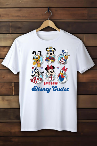 White t-shirt with Disney Cruise design featuring cartoon characters on a wooden background