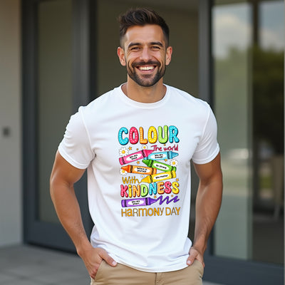 Man wearing a white t-shirt with colorful text and crayon graphics, standing outdoors.