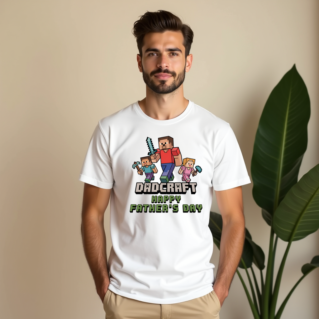Minecraft inspired “Dadcraft” t-shirt styled as a Father’s Day gift for gamer dads.