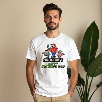 Minecraft inspired “Dadcraft” t-shirt styled as a Father’s Day gift for gamer dads.