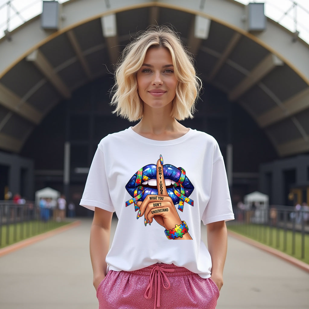 Woman wearing a white t-shirt with colorful graphic design outdoors