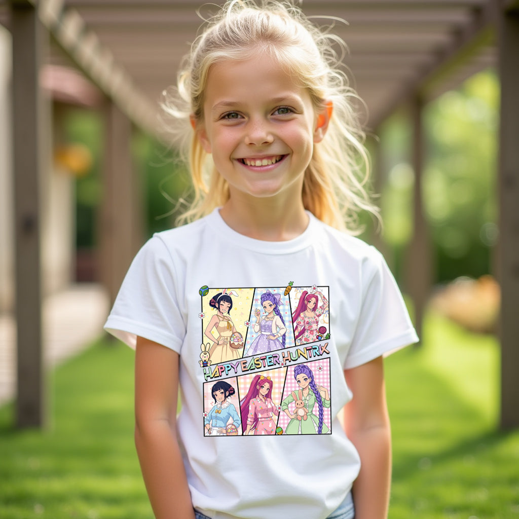 Young girl wearing a white t-shirt with colorful graphics and text, standing outdoors.