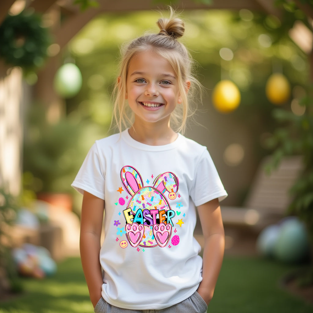 Young girl wearing a white t-shirt with colorful Easter design outdoors.
