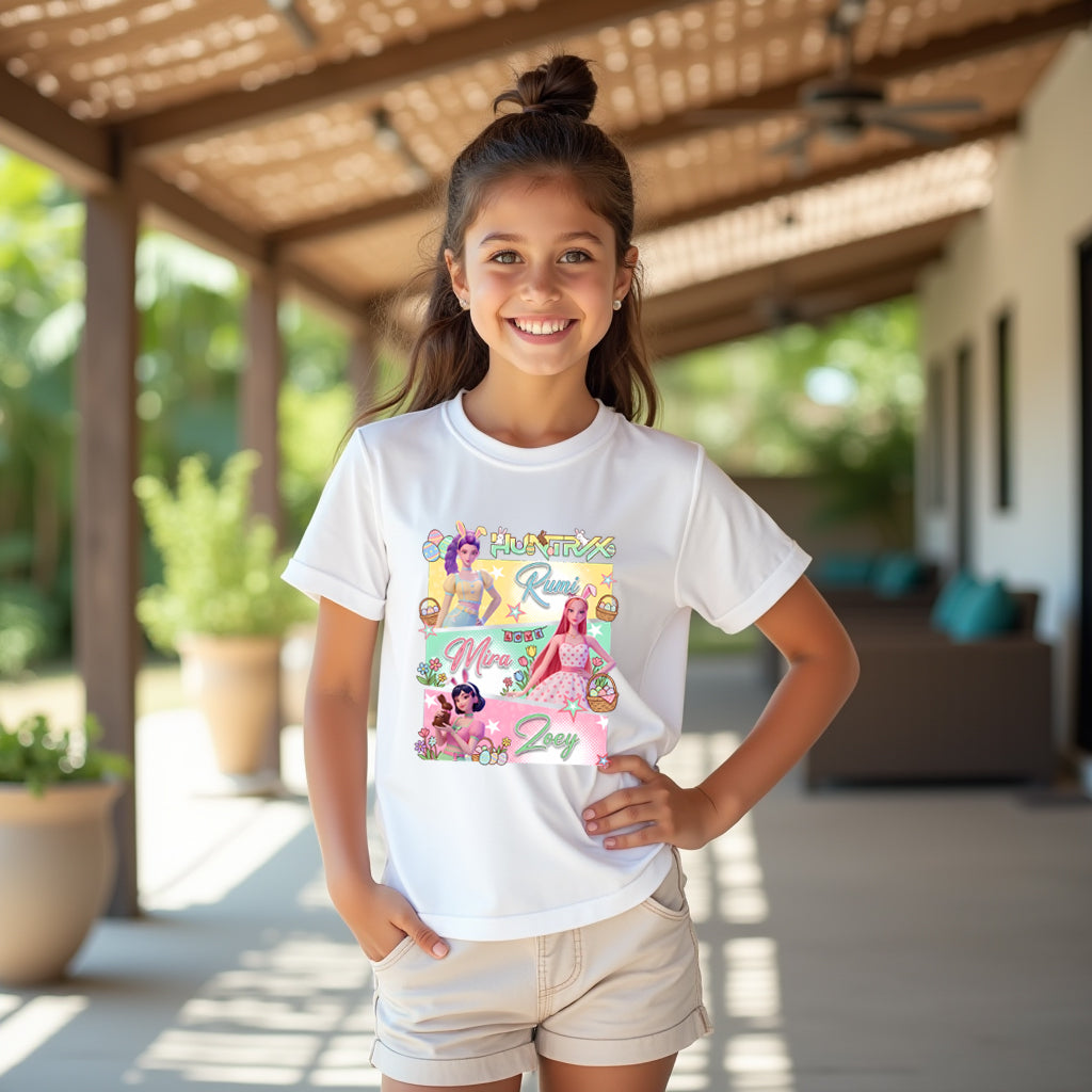 Young girl wearing a easter kpop white t-shirt with colorful graphics and text, standing outdoors.