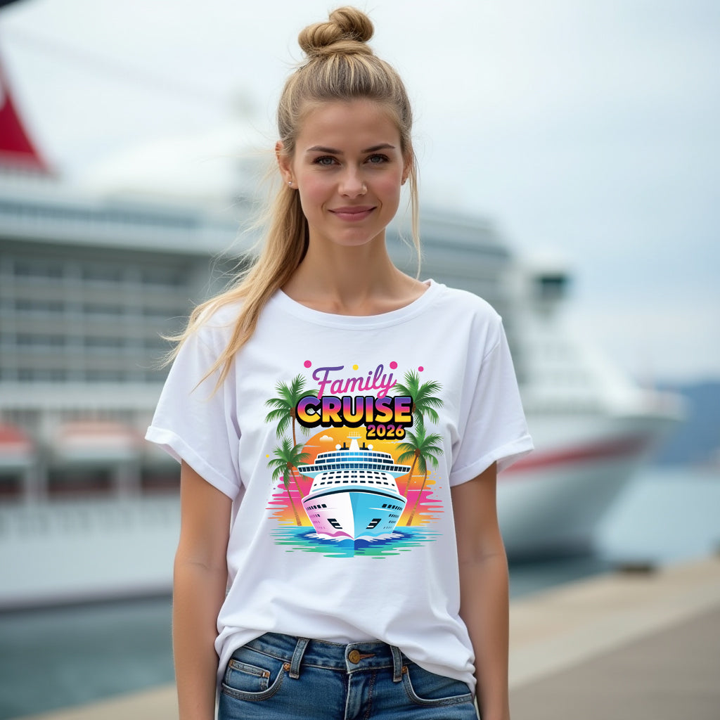 Woman wearing a 'Family Cruise 2026' t-shirt with a cruise ship graphic, standing in front of a cruise ship.