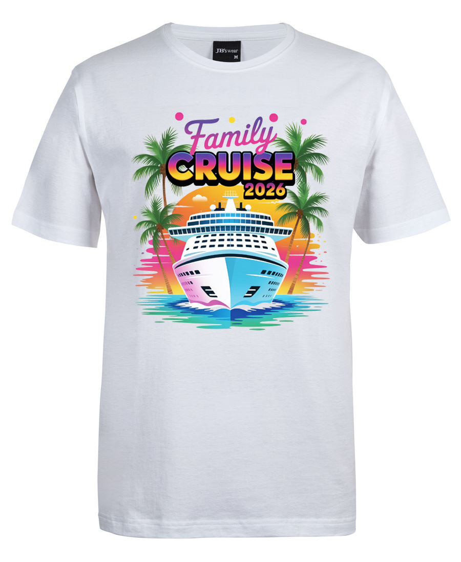 White t-shirt with a colorful 'Family Cruise 2026' graphic design featuring a cruise ship and palm trees on a white background.