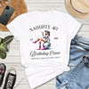 Close-up of Naughty 40 Birthday Girl & Crew text design on t-shirt
