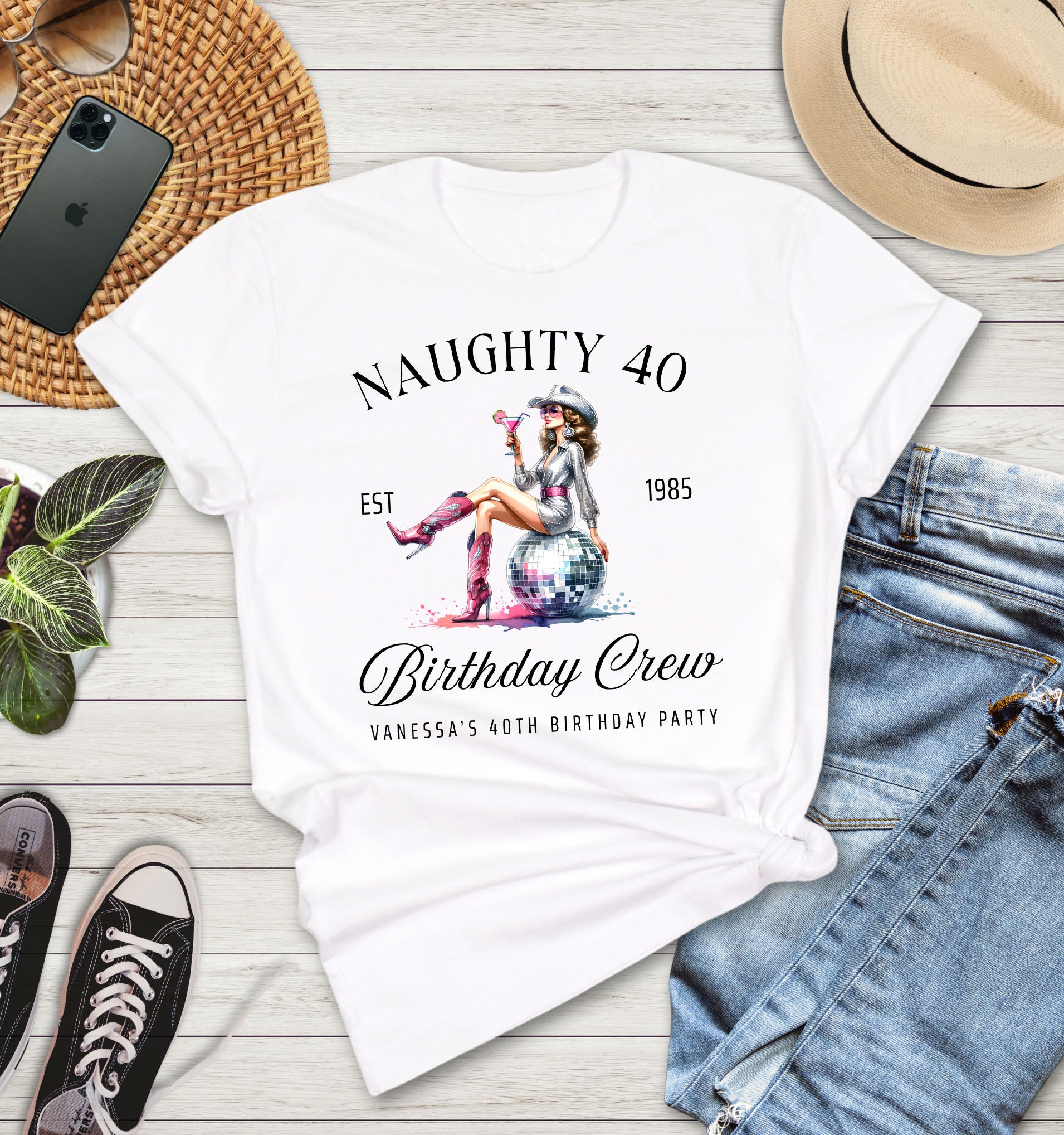 Close-up of Naughty 40 Birthday Girl & Crew text design on t-shirt