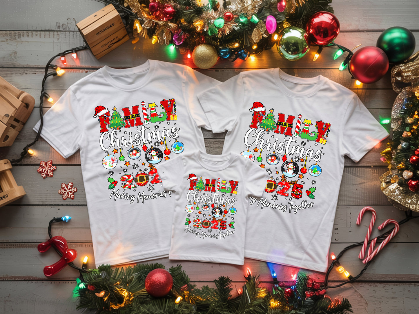 Matching family holiday t-shirts featuring sleigh design, soft and cheerful Christmas wear.