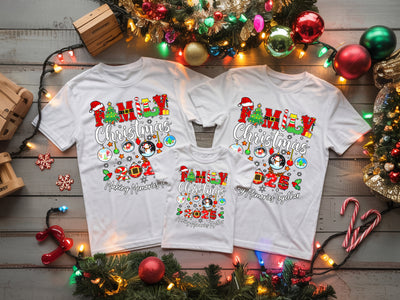 Matching family holiday t-shirts featuring sleigh design, soft and cheerful Christmas wear.