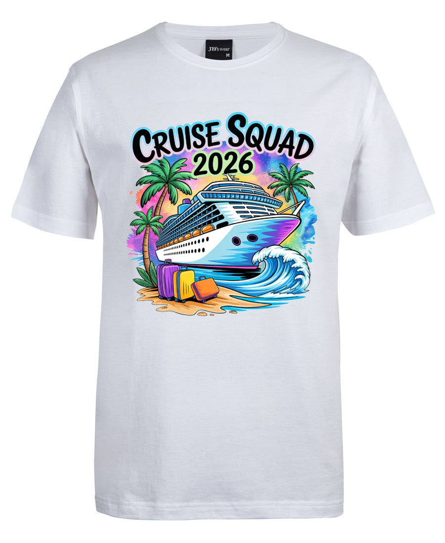 White t-shirt with 'Cruise Squad 2026' graphic design featuring a cruise ship, palm trees, and beach elements on a white background.
