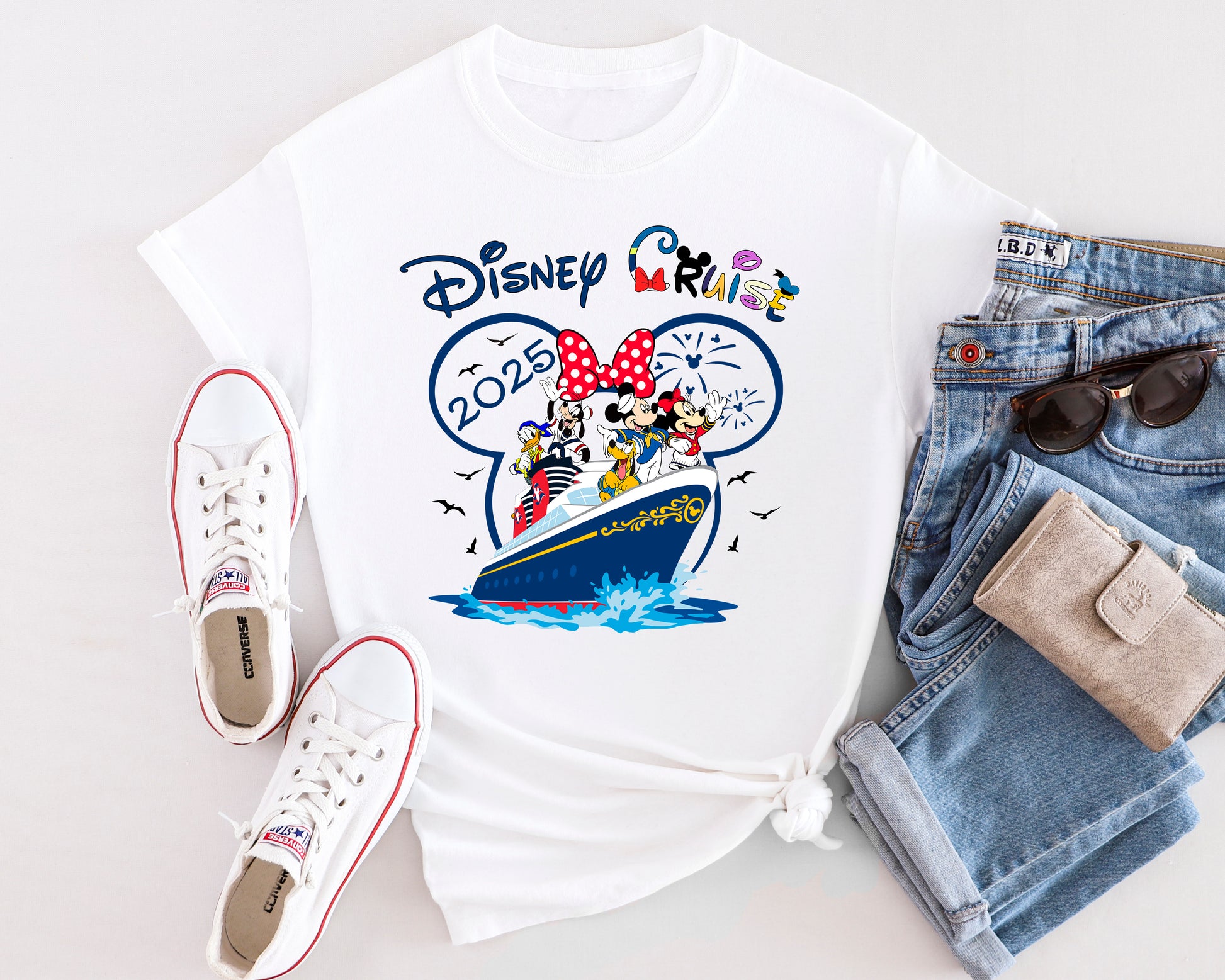 Flat lay of Mouse Ahoy Disney Cruise inspired t-shirt showing full front design