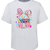 White t-shirt with Easter graphic design featuring bunny ears and colorful text on a white background