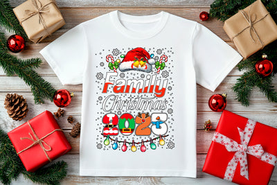 Matching family Christmas t-shirts with Merry & Bright print, cozy and cheerful holiday wear.
