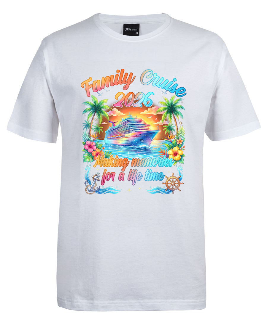 White t-shirt with colorful 'Family Cruise 2026' design featuring a ship, palm trees, and flowers on a white background.