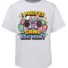 White t-shirt with Easter-themed graphic and text on a white background