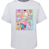 White t-shirt with colorful graphic design featuring characters and 'Happy Easter' text on a white background.