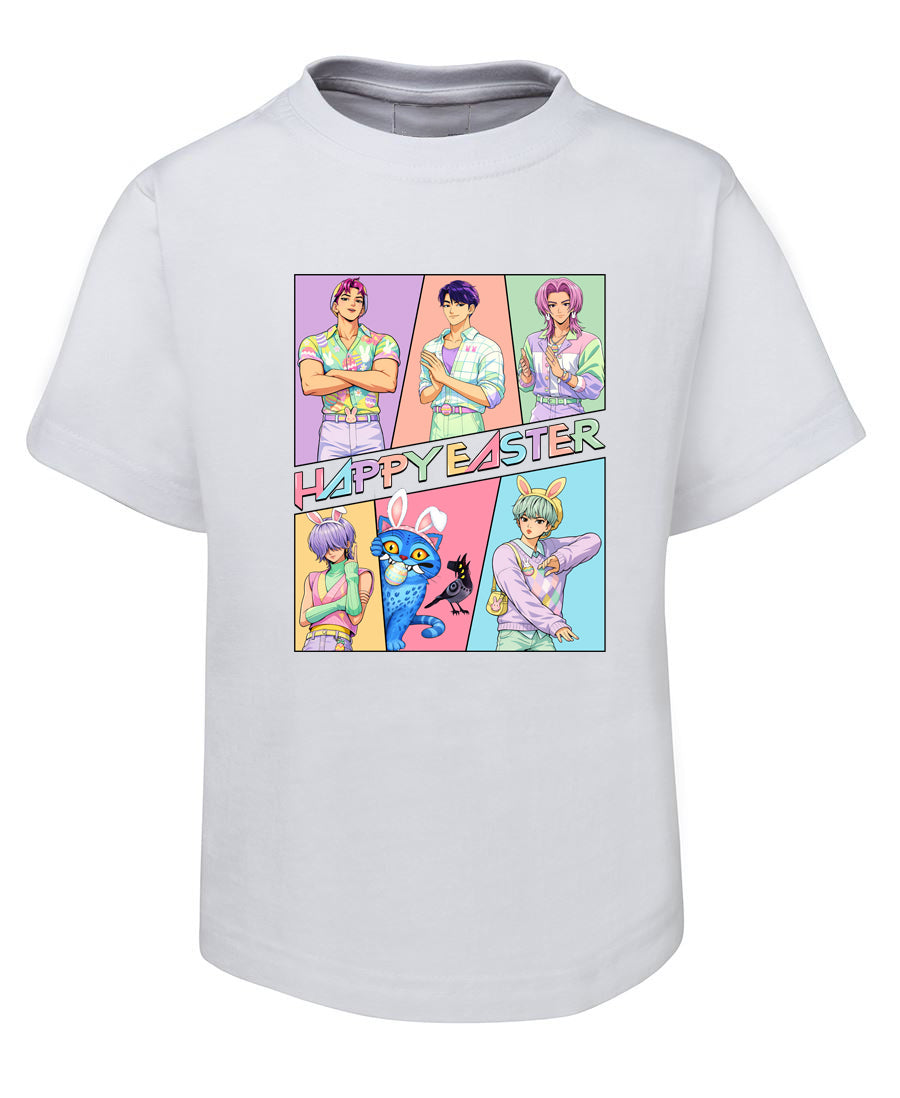 White t-shirt with colorful graphic design featuring characters and 'Happy Easter' text on a white background.