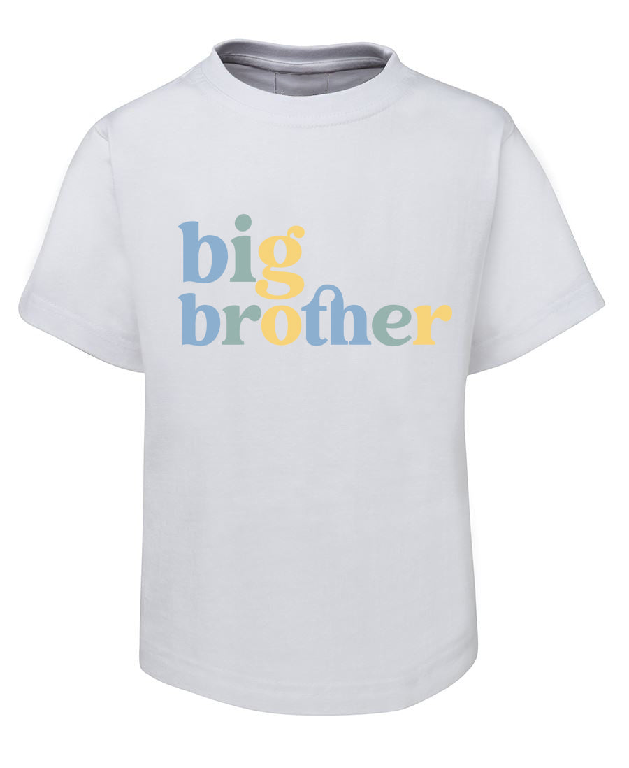 White t-shirt with 'big brother' text in colorful letters on a white background