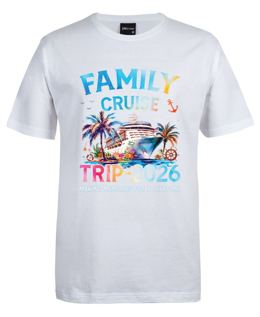 White t-shirt with 'Family Cruise Trip 2026' graphic design on a white background
