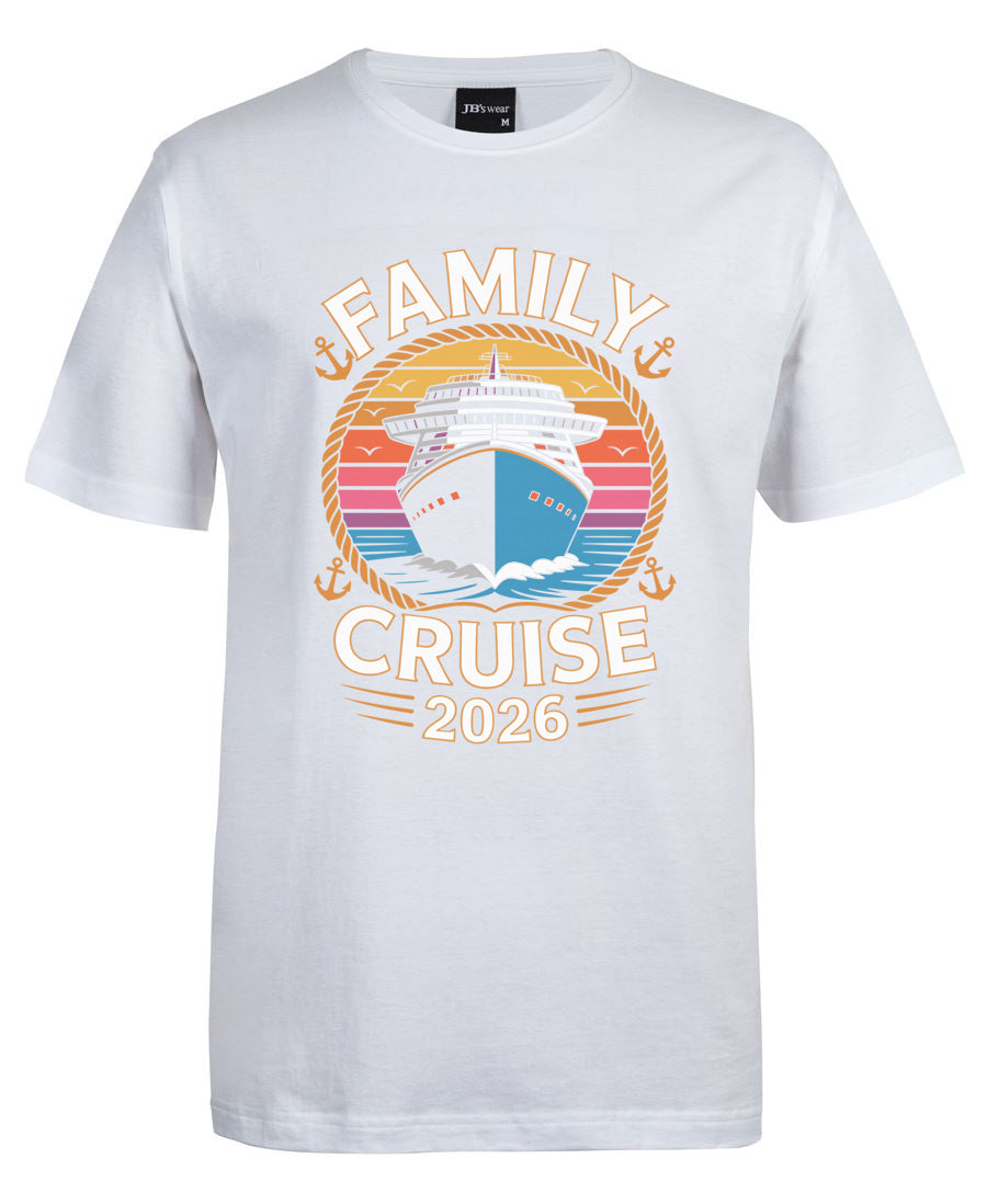 White t-shirt with 'Family Cruise 2026' graphic design on a white background